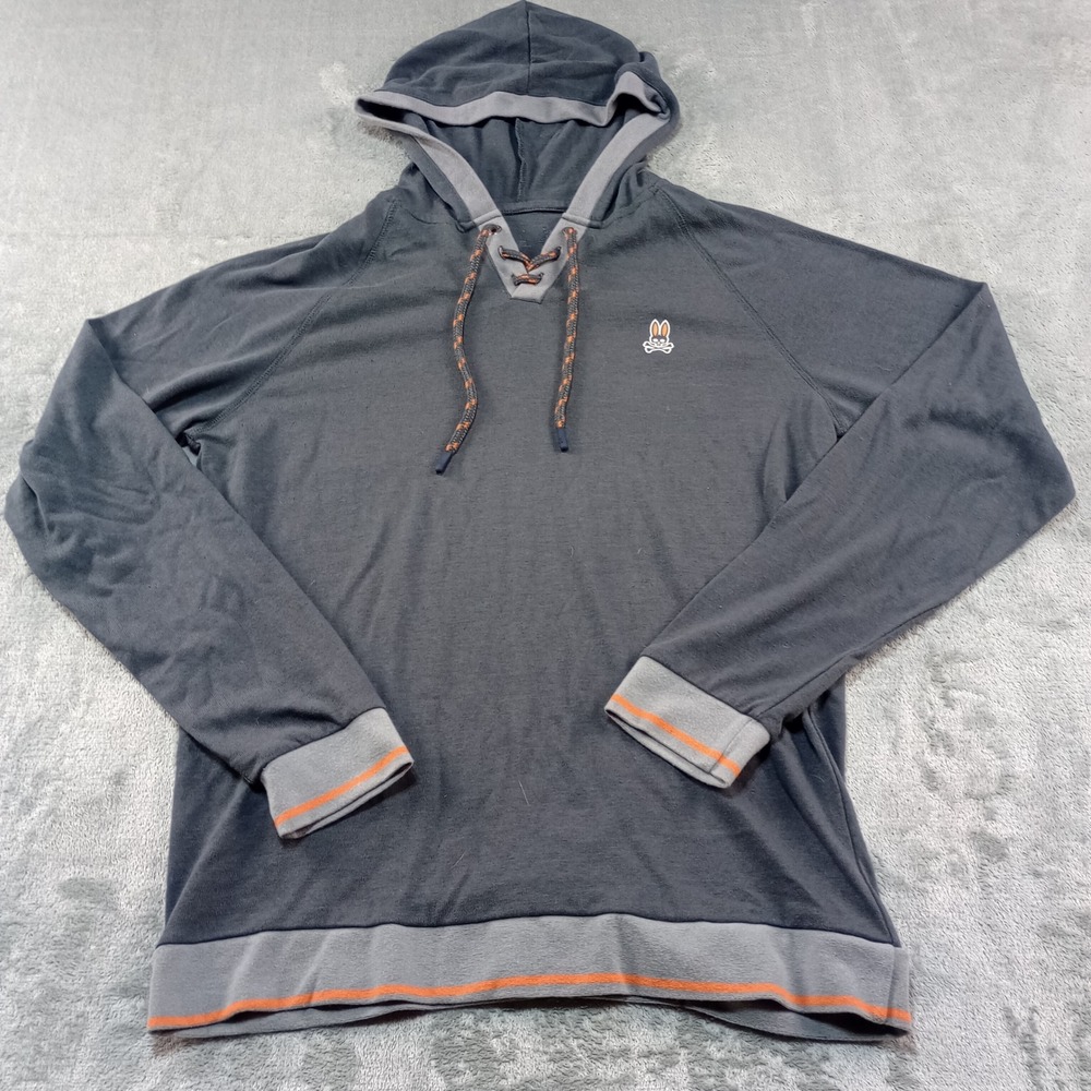 Psycho Bunny Lace Up Hoodie Mens Large Gray Orange Trim Skull Logo Streetwear